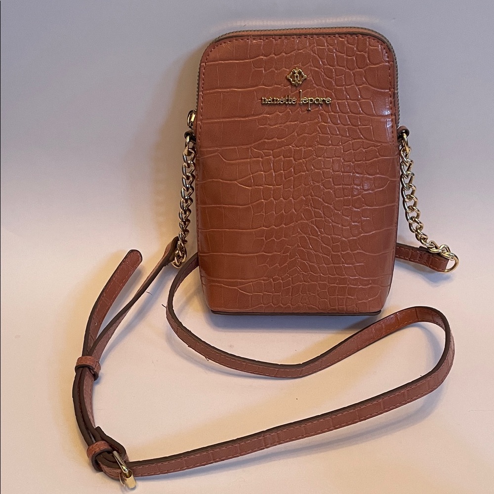 NANETTE LEPORE Taupe Crossbody Purse Gold Chain Detail Classic Alligator Print